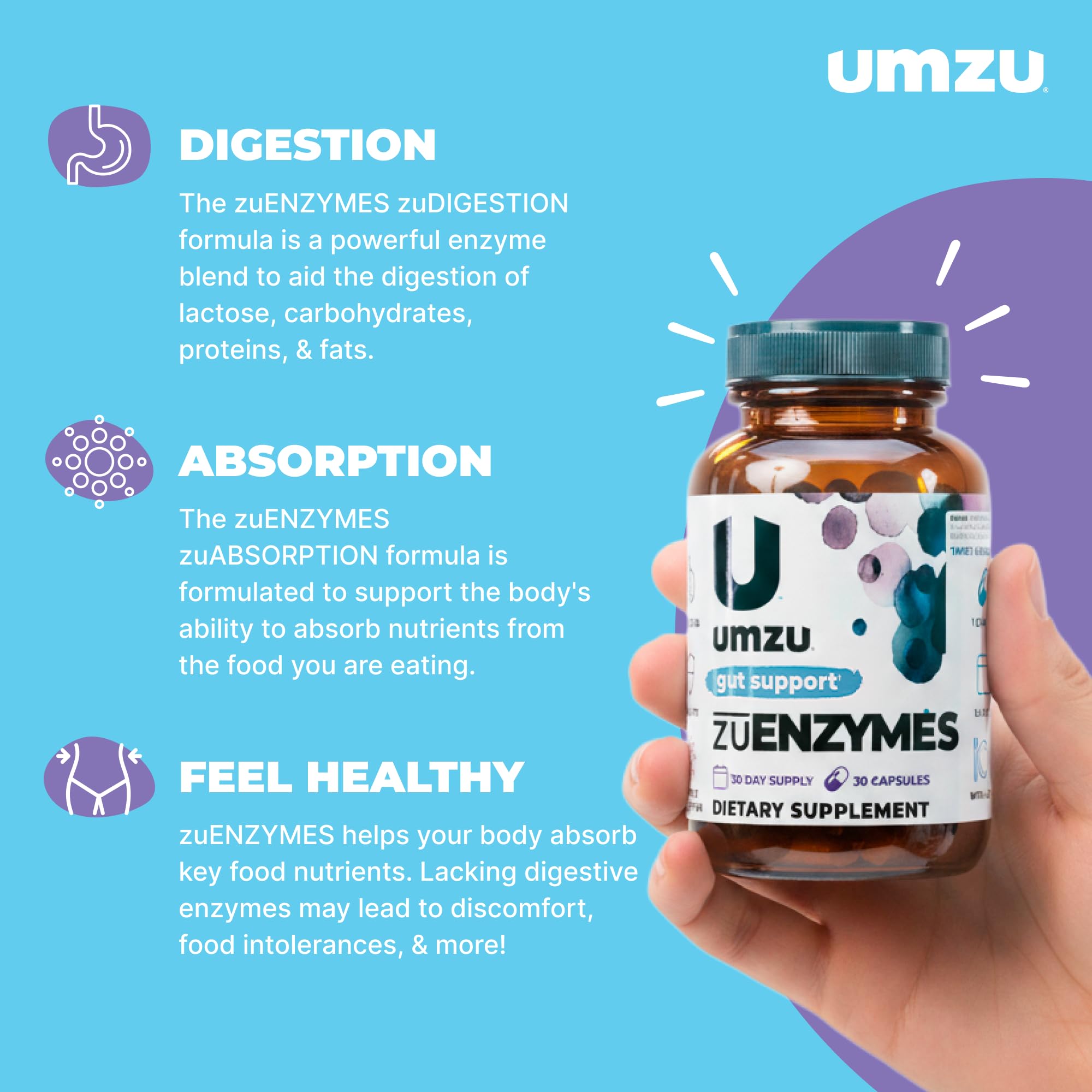 UMZU zuEnzymes label close-up highlighting lipase and protease for digestion.