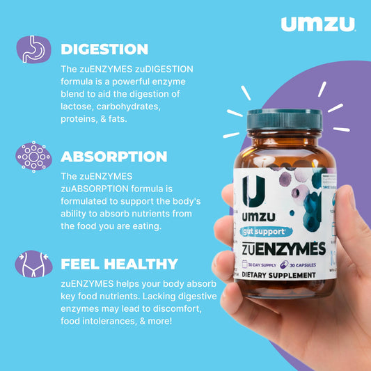 UMZU zuEnzymes label close-up highlighting lipase and protease for digestion.