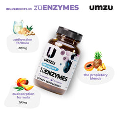 UMZU zuEnzymes capsule shown with meals for daily digestive support.