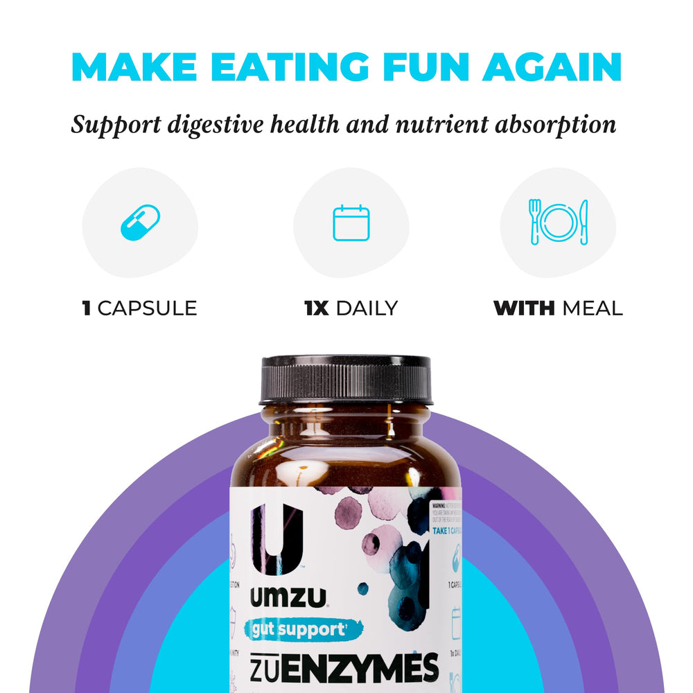 UMZU zuEnzymes bottle with dairy foods to suggest lactose digestion aid.