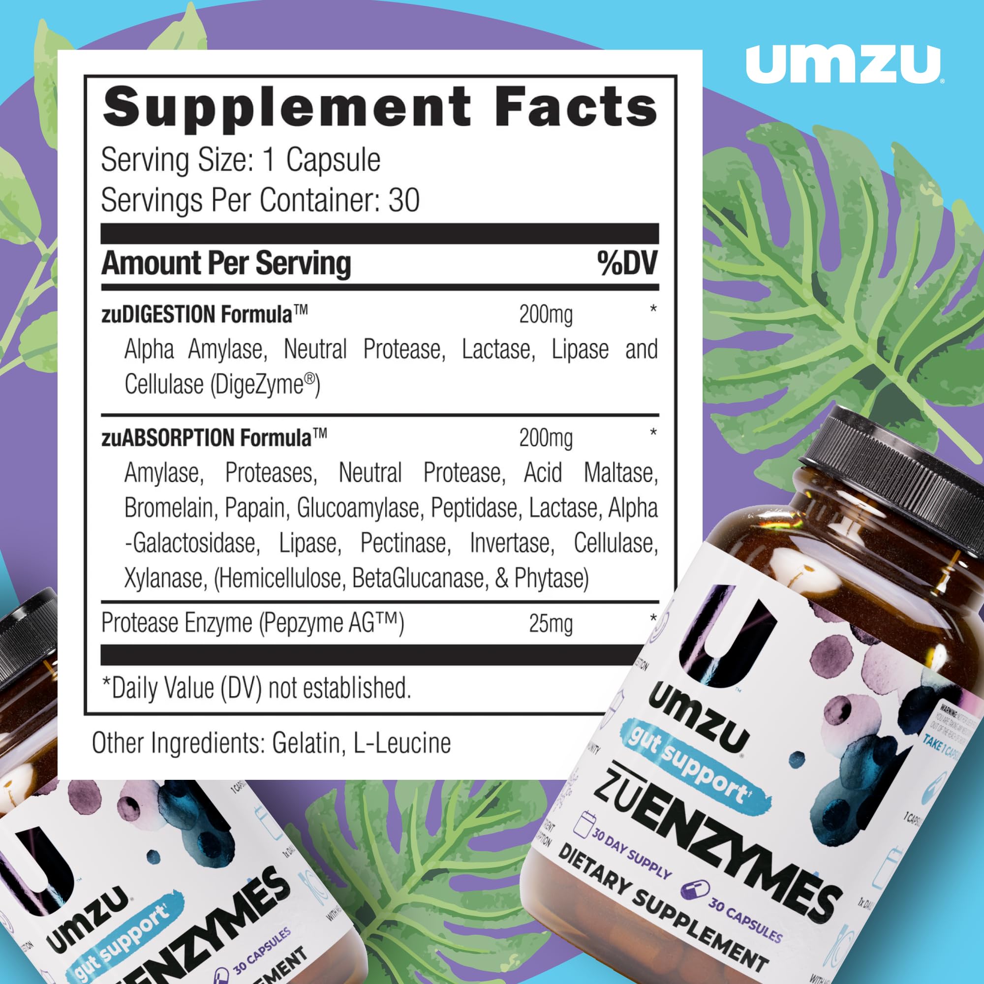 UMZU zuEnzymes packaging on kitchen counter with healthy foods.