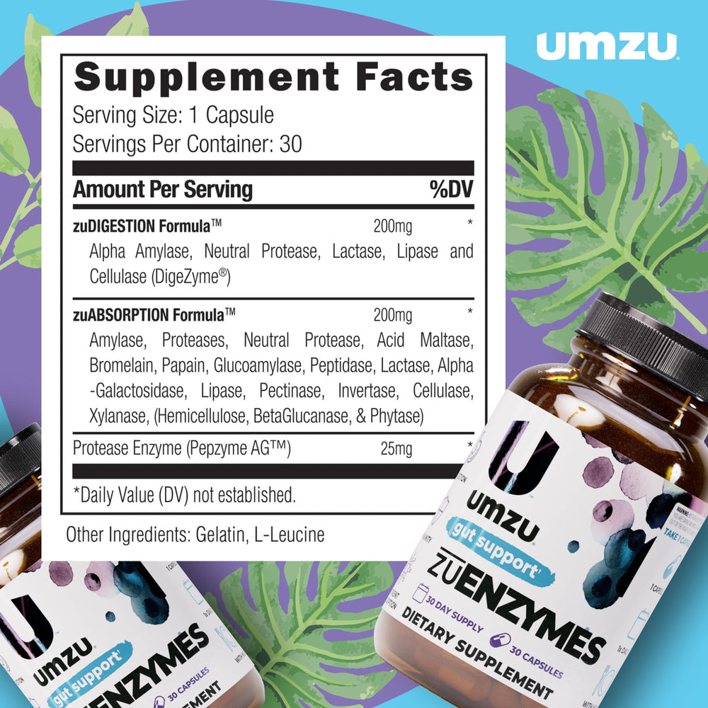 UMZU zuEnzymes packaging on kitchen counter with healthy foods.