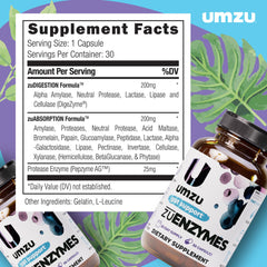 UMZU zuEnzymes packaging on kitchen counter with healthy foods.