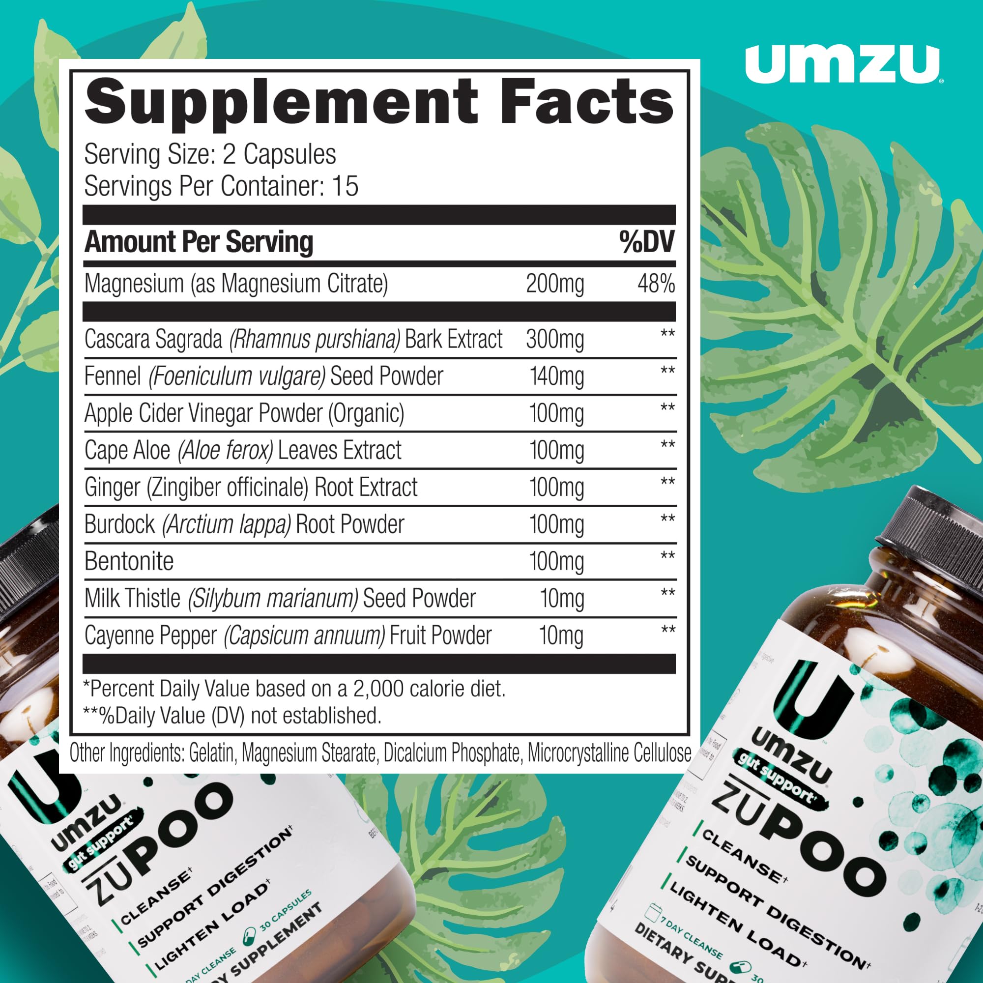 A glass of water beside UMZU zuPOO bottle ready for nightly use to support a gentle cleanse.