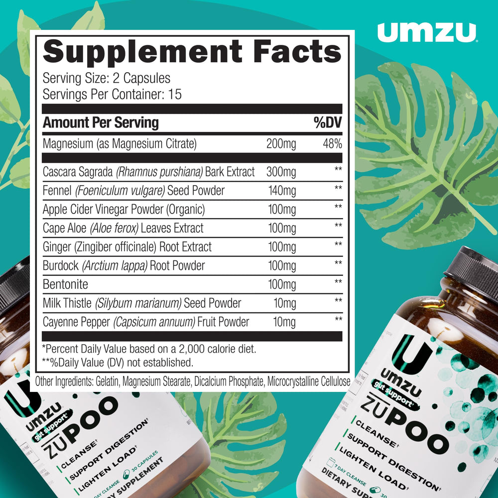 A glass of water beside UMZU zuPOO bottle ready for nightly use to support a gentle cleanse.