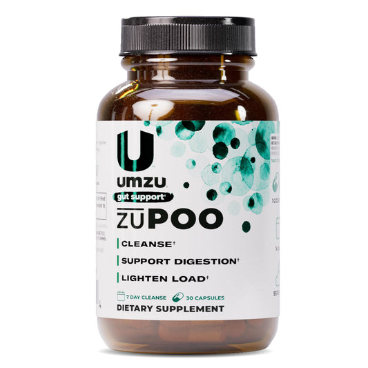 UMZU zuPOO bottle with capsules shown for a simple nightly cleanse that supports natural elimination.