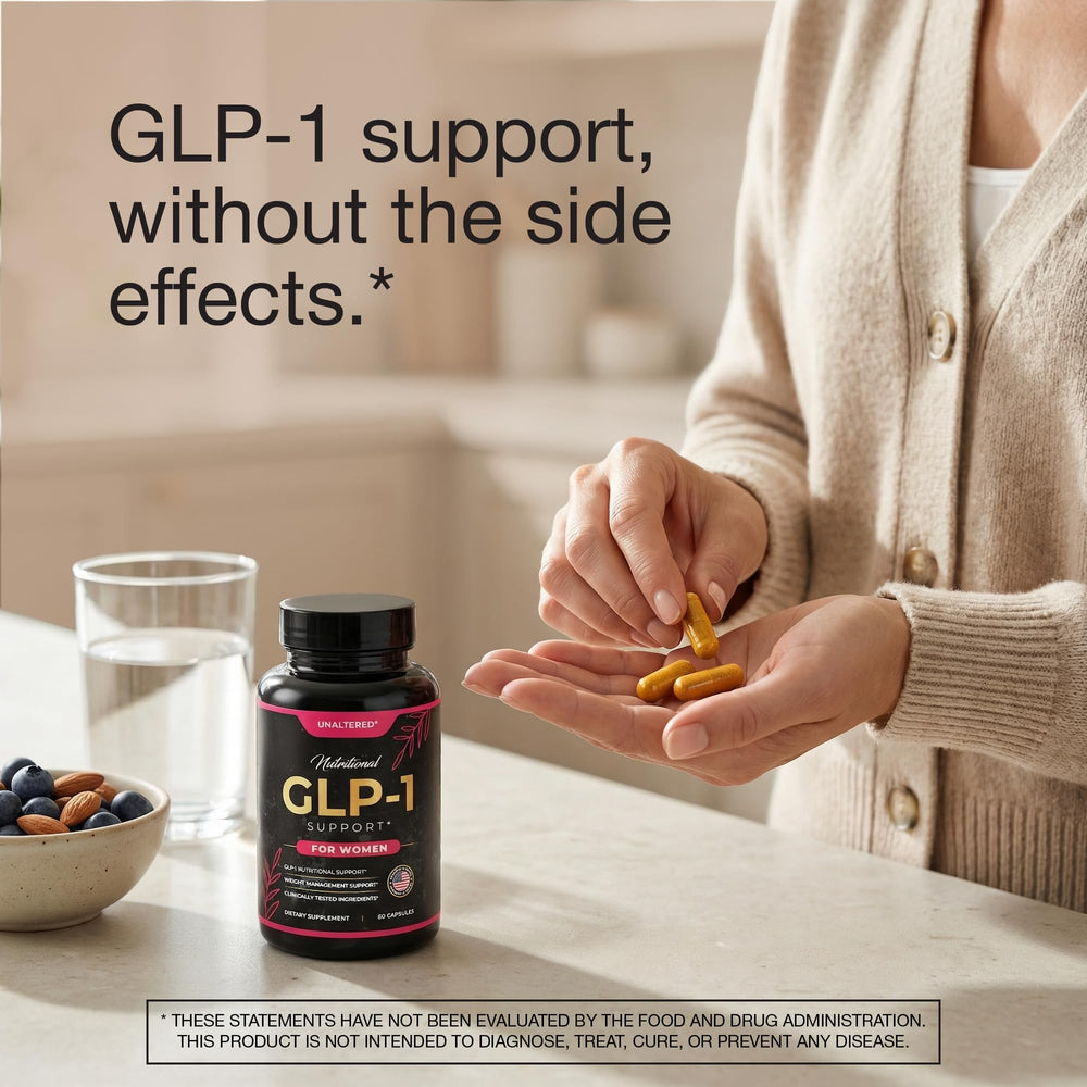 UNALTERED GLP-1 capsules close-up highlighting plant-based fullness support