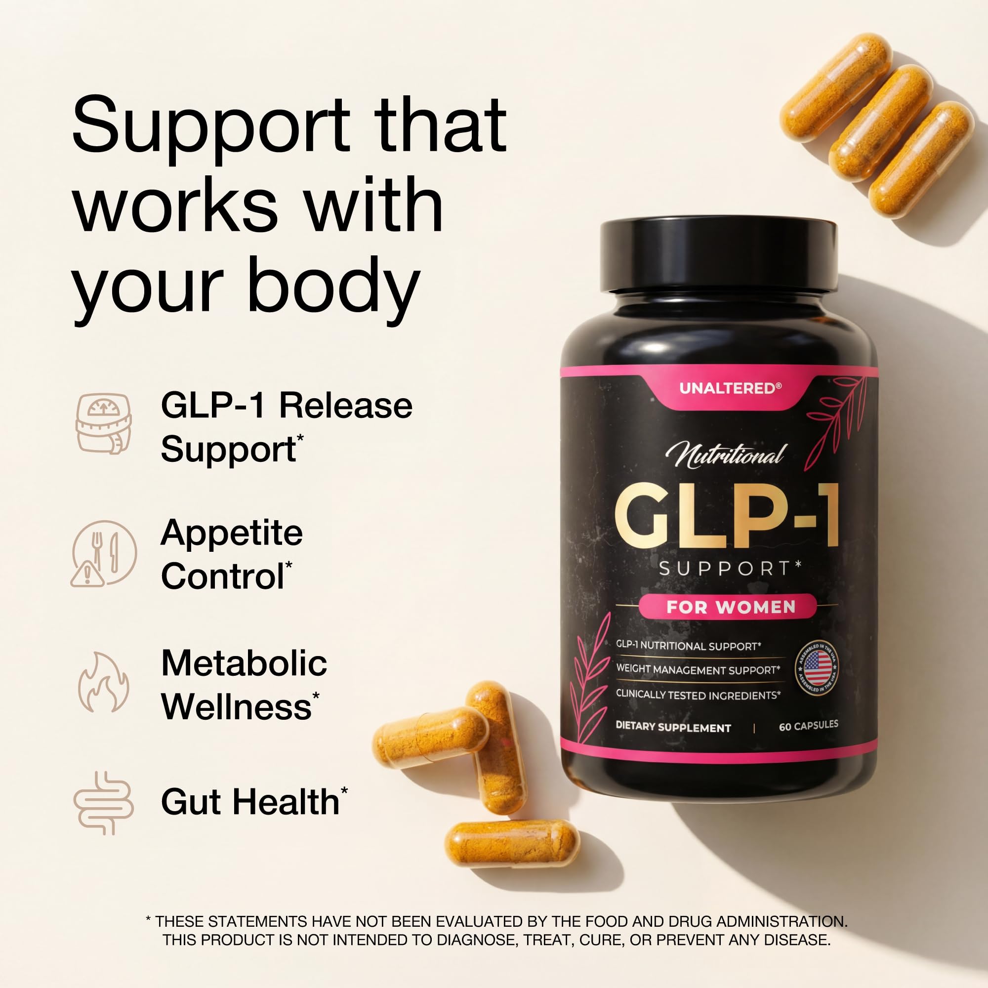 UNALTERED GLP-1 label detail with botanicals and dosage guidance for appetite support
