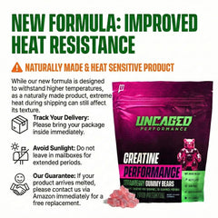 Uncaged Performance gummies blue-raspberry flavor shot emphasizes natural ingredients.