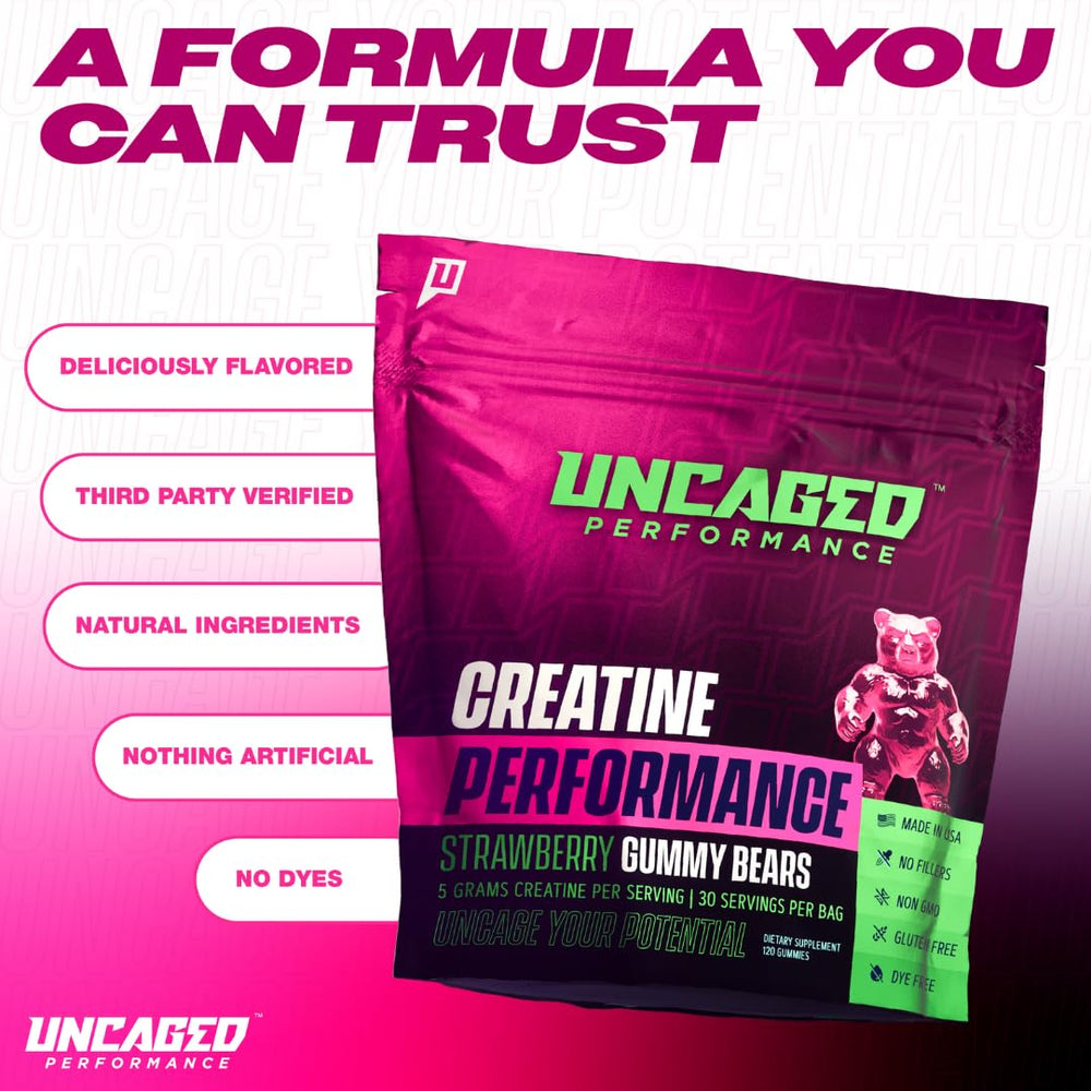 Uncaged Performance gummies lab-tested seal close-up confirms third-party verification.