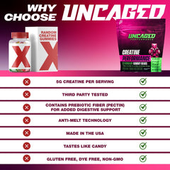 Packaging for Uncaged Performance creatine monohydrate gummies, showcasing simple daily supplementation.