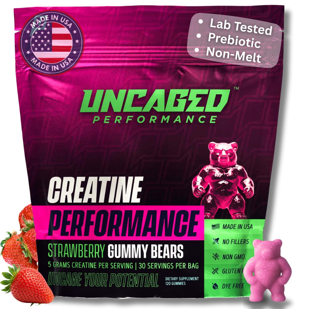 Uncaged Performance creatine gummies in a strawberry jar for convenient daily strength support.