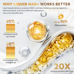 UNcena NAD+ ingredient icons emphasize Resveratrol, PQQ, CoQ10 synergy.