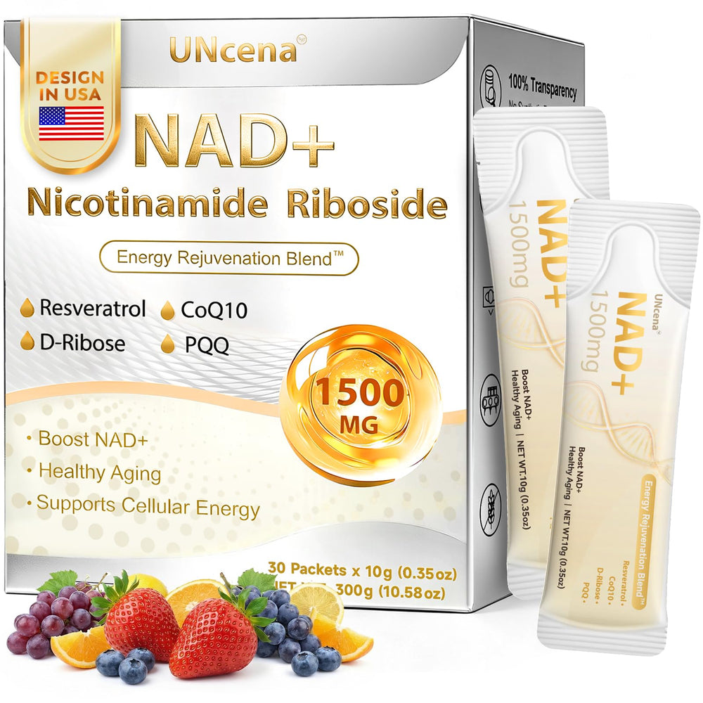 UNcena NAD+ liquid bottle closeup shows liposomal formula for daily energy support.