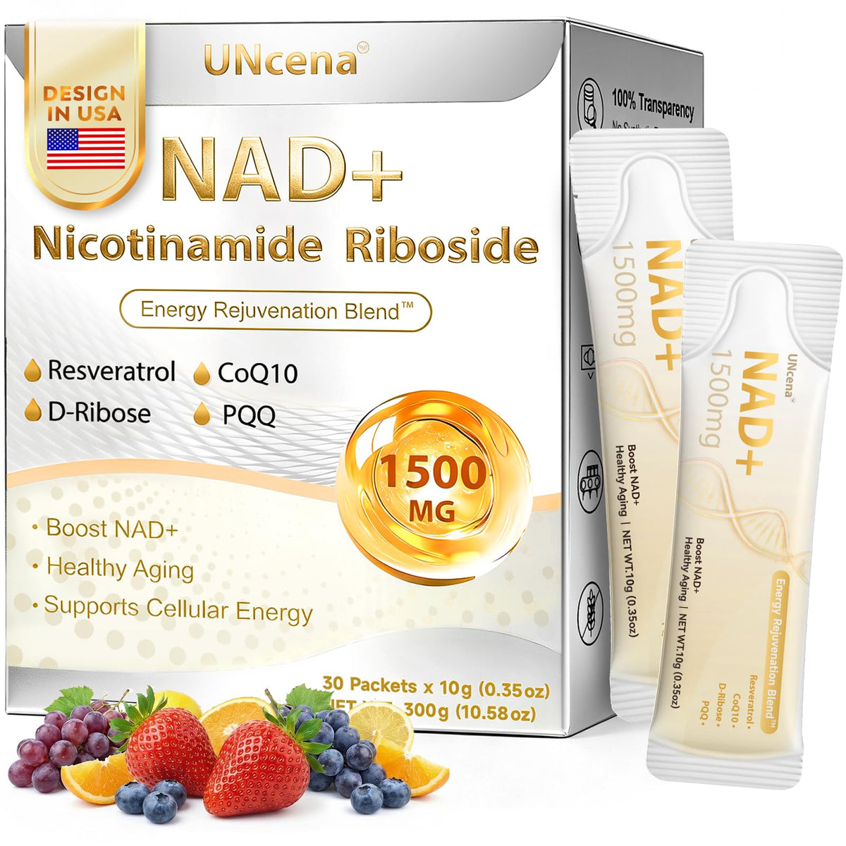 UNcena NAD+ liquid bottle closeup shows liposomal formula for daily energy support.