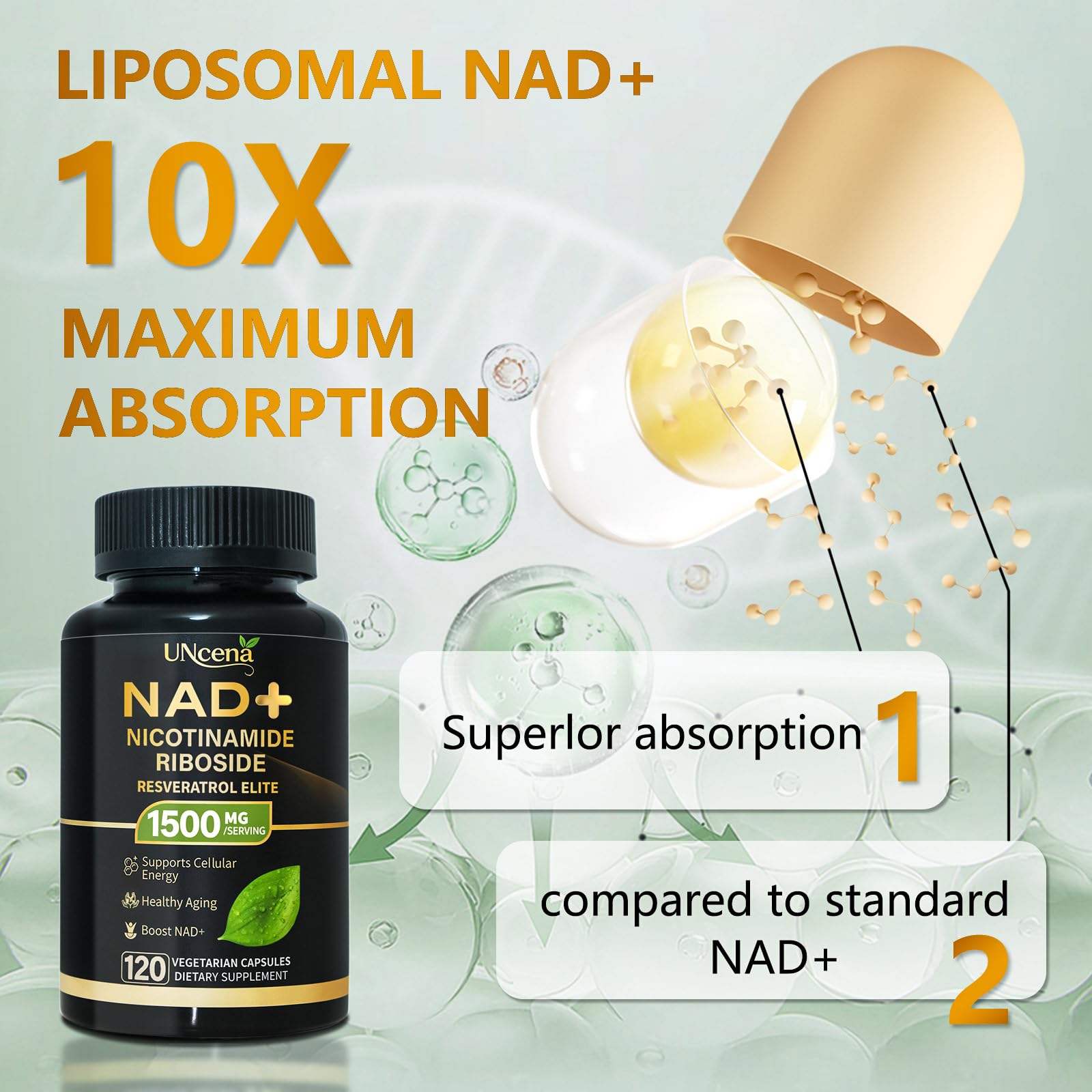 UNcena NAD ingredients panel showing NR and resveratrol blend