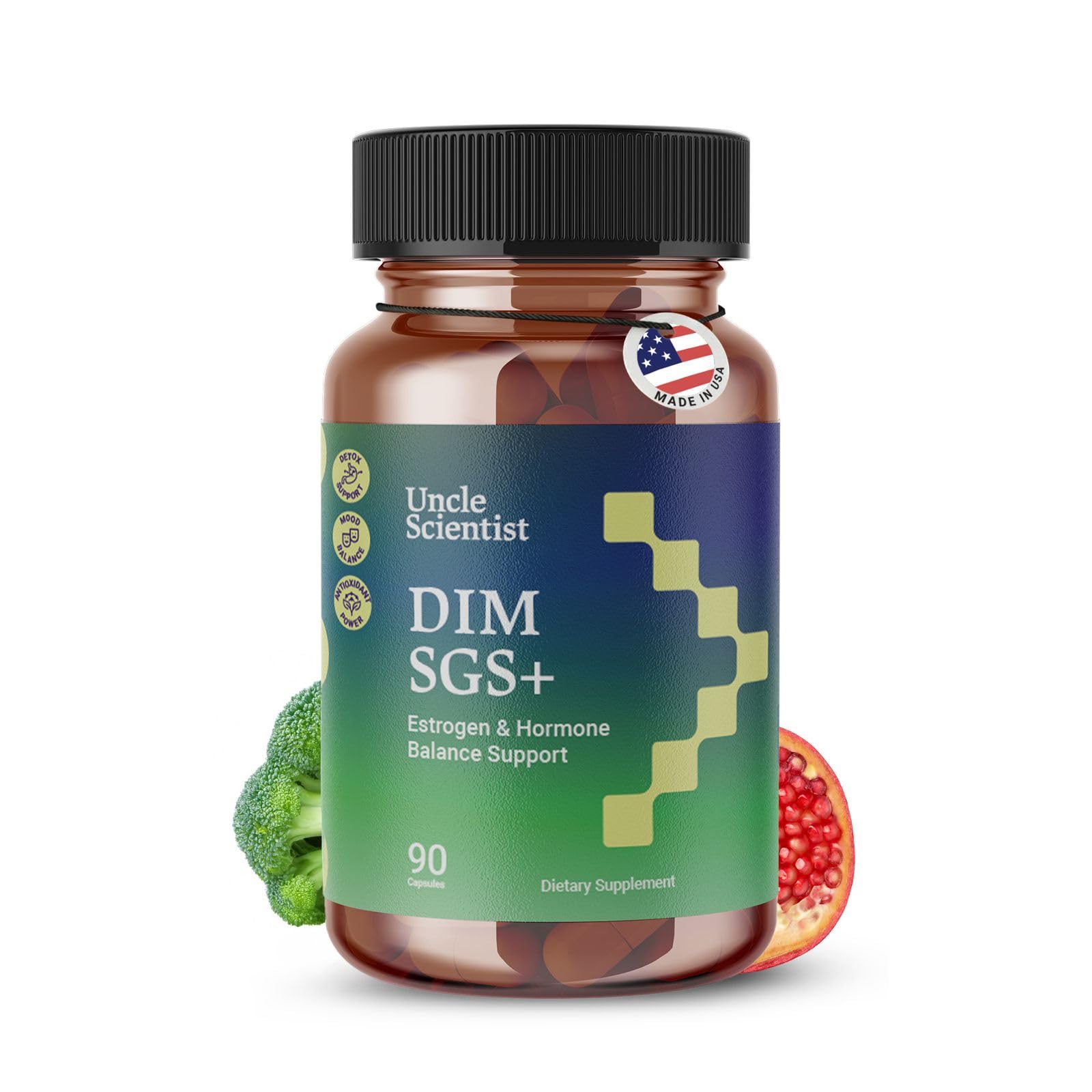 Uncle Scientist DIM SGS+ bottle closeup shows clear label for informed daily use.