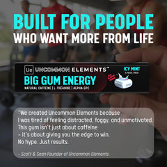 UNCOMMON ELEMENTS BIG GUM ENERGY icy mint label highlights ingredients and benefits.