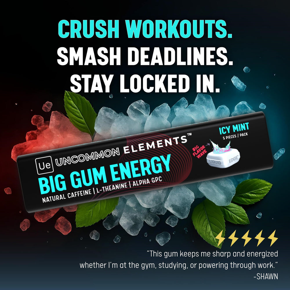UNCOMMON ELEMENTS BIG GUM ENERGY icy mint in-mouth sensation supports fast alertness.