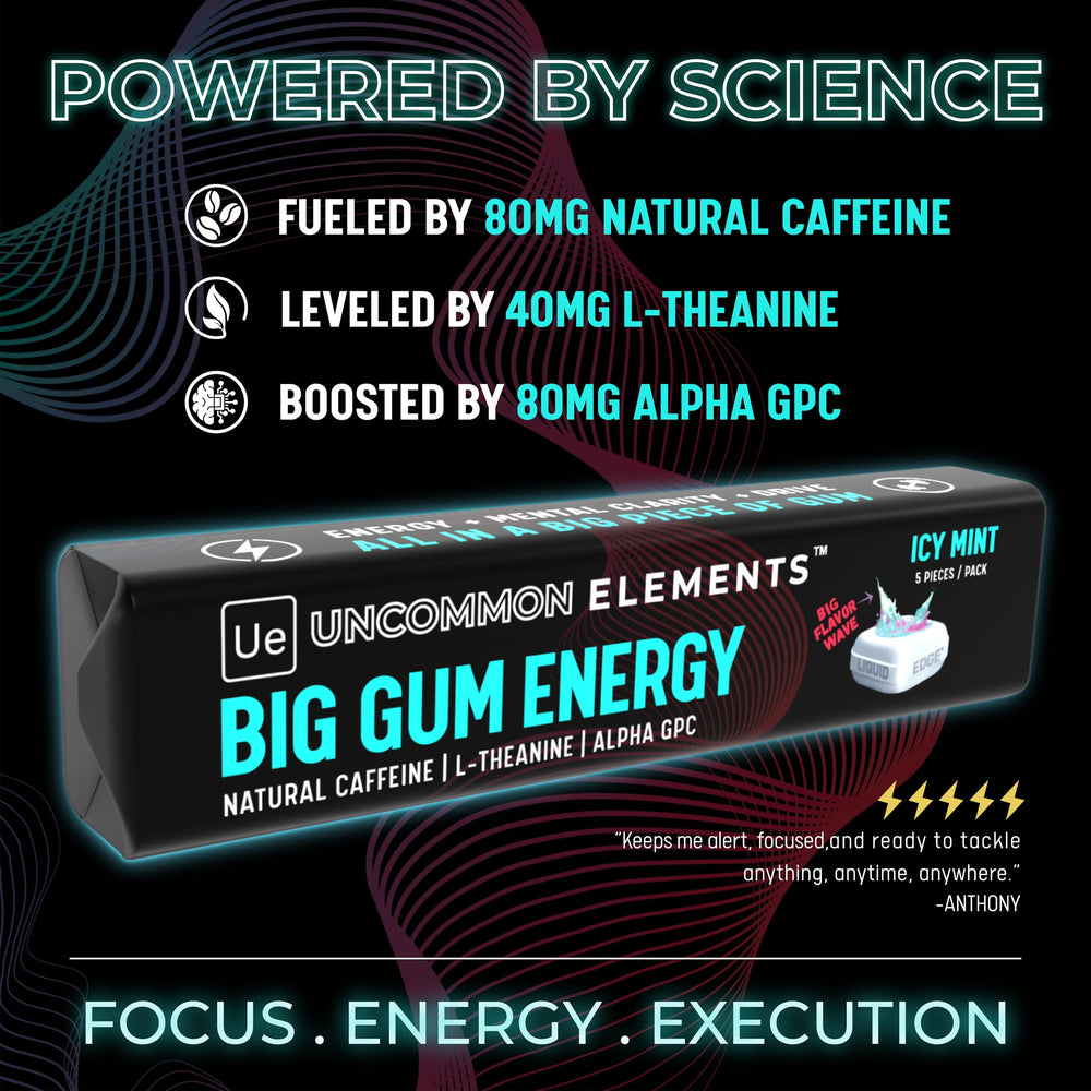 UNCOMMON ELEMENTS BIG GUM ENERGY icy mint open-pack reveals convenient chewing.
