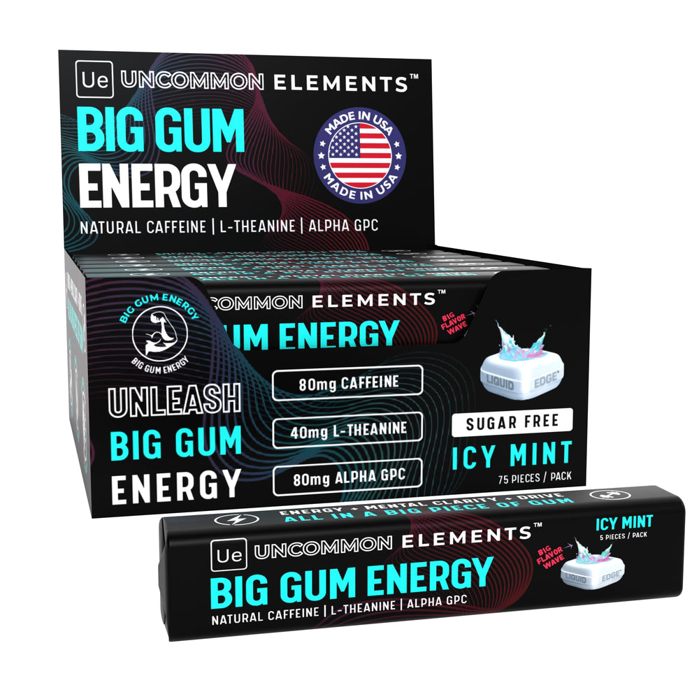 UNCOMMON ELEMENTS BIG GUM ENERGY icy mint pack for quick focus and energy.