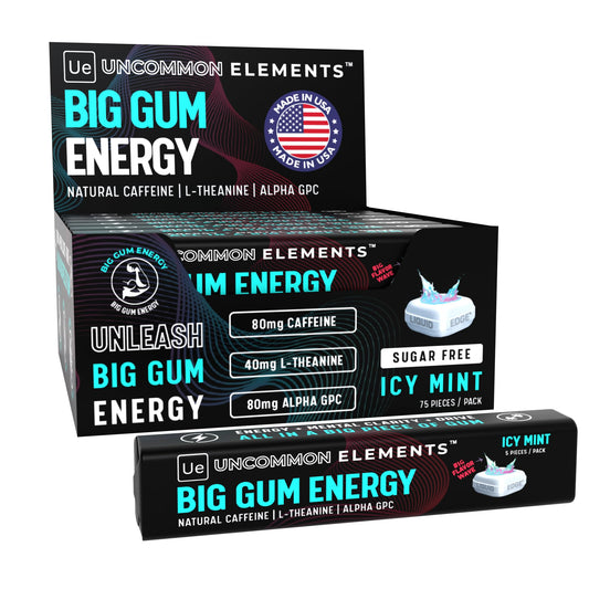 UNCOMMON ELEMENTS BIG GUM ENERGY icy mint pack for quick focus and energy.
