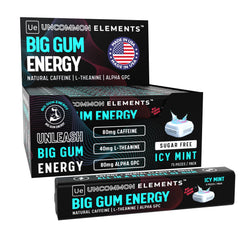 UNCOMMON ELEMENTS BIG GUM ENERGY icy mint pack for quick focus and energy.