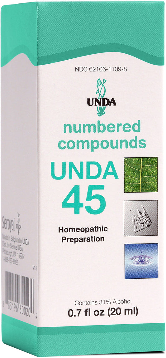UNDA 45 Numbered Compounds bottle and label for holistic support.