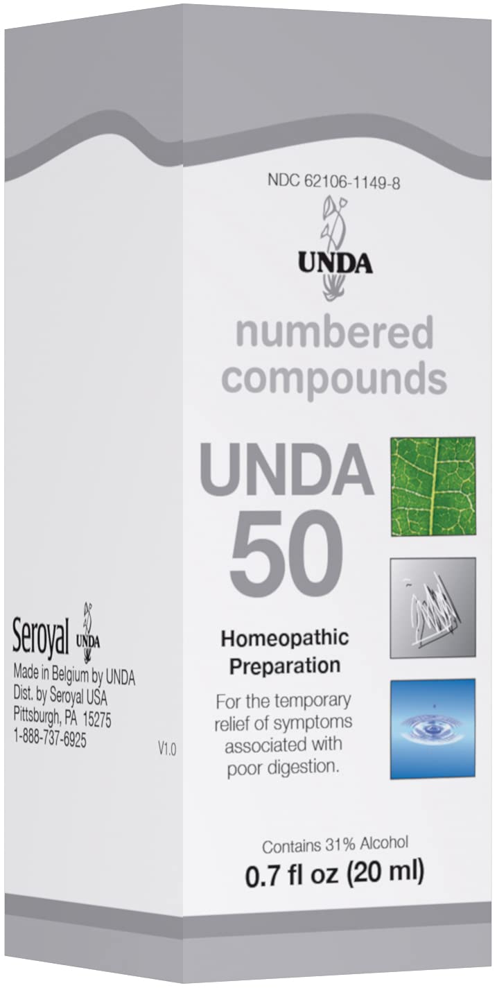 UNDA 50 Numbered Compounds bottle label shows plant-metal blend for holistic support