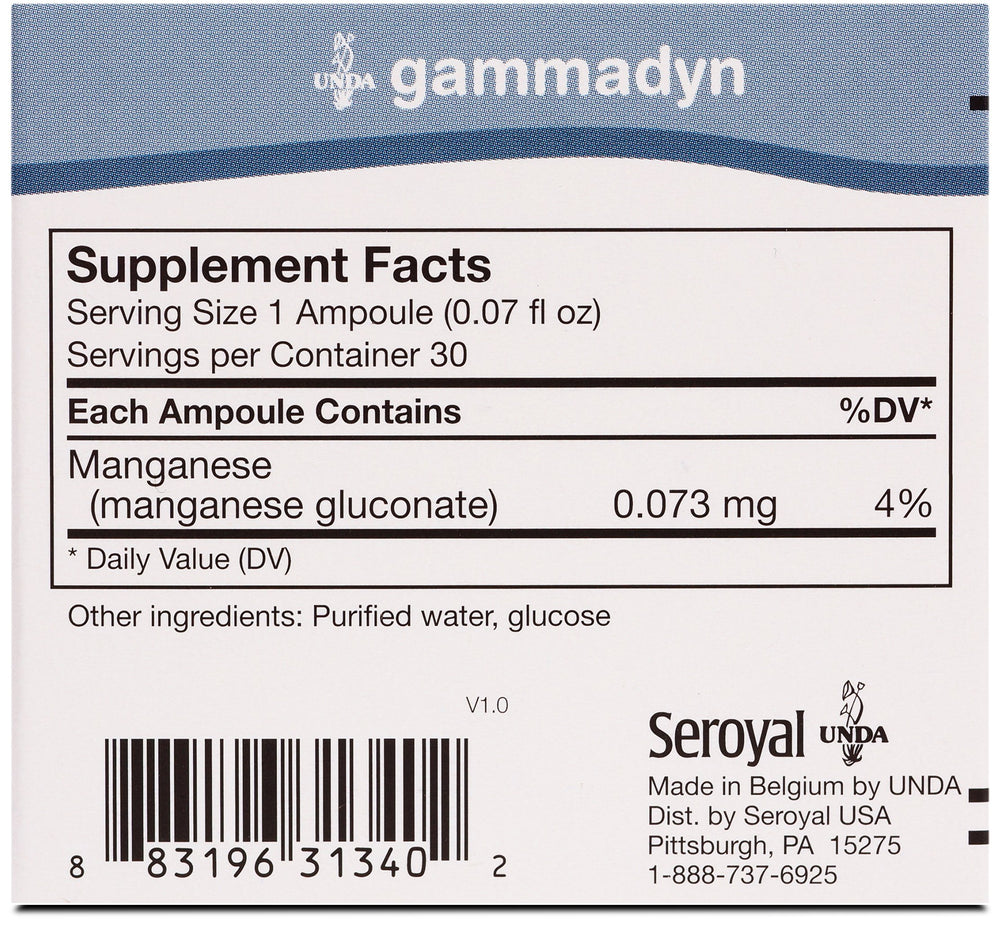 UNDA Gammadyn Mn ampoules closeup showing highly bioavailable manganese formulation.
