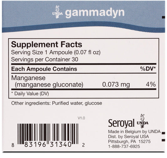 UNDA Gammadyn Mn ampoules closeup showing highly bioavailable manganese formulation.
