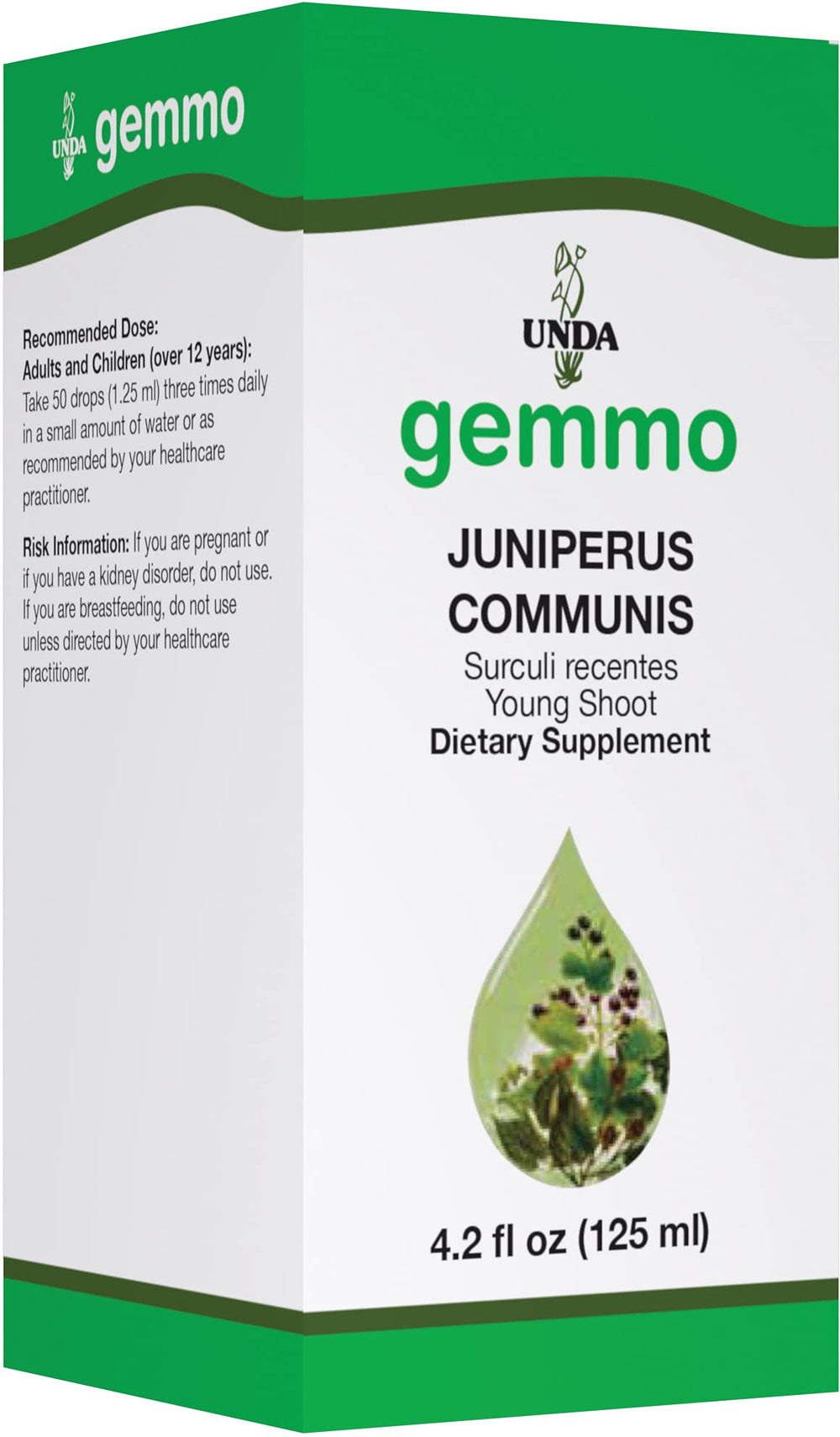 UNDA Gemmo Therapy Juniperus Communis young shoot extract bottle highlights plant-based tissue support.