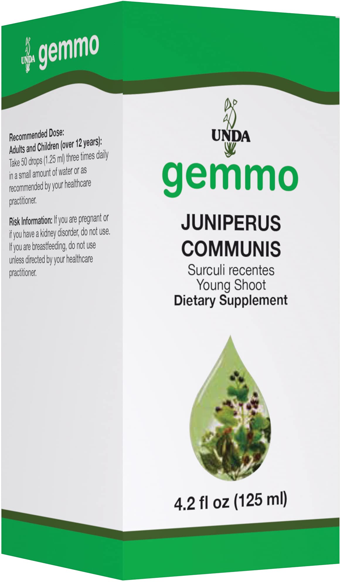 UNDA Gemmo Therapy Juniperus Communis young shoot extract bottle highlights plant-based tissue support.