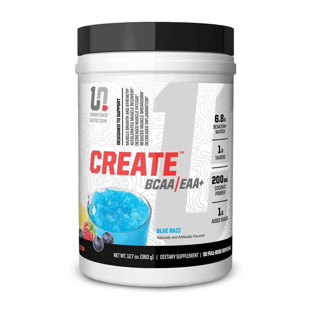 Undefined Nutrition Create BCAA/EAA+ blue razz bottle front view for workout fueling
