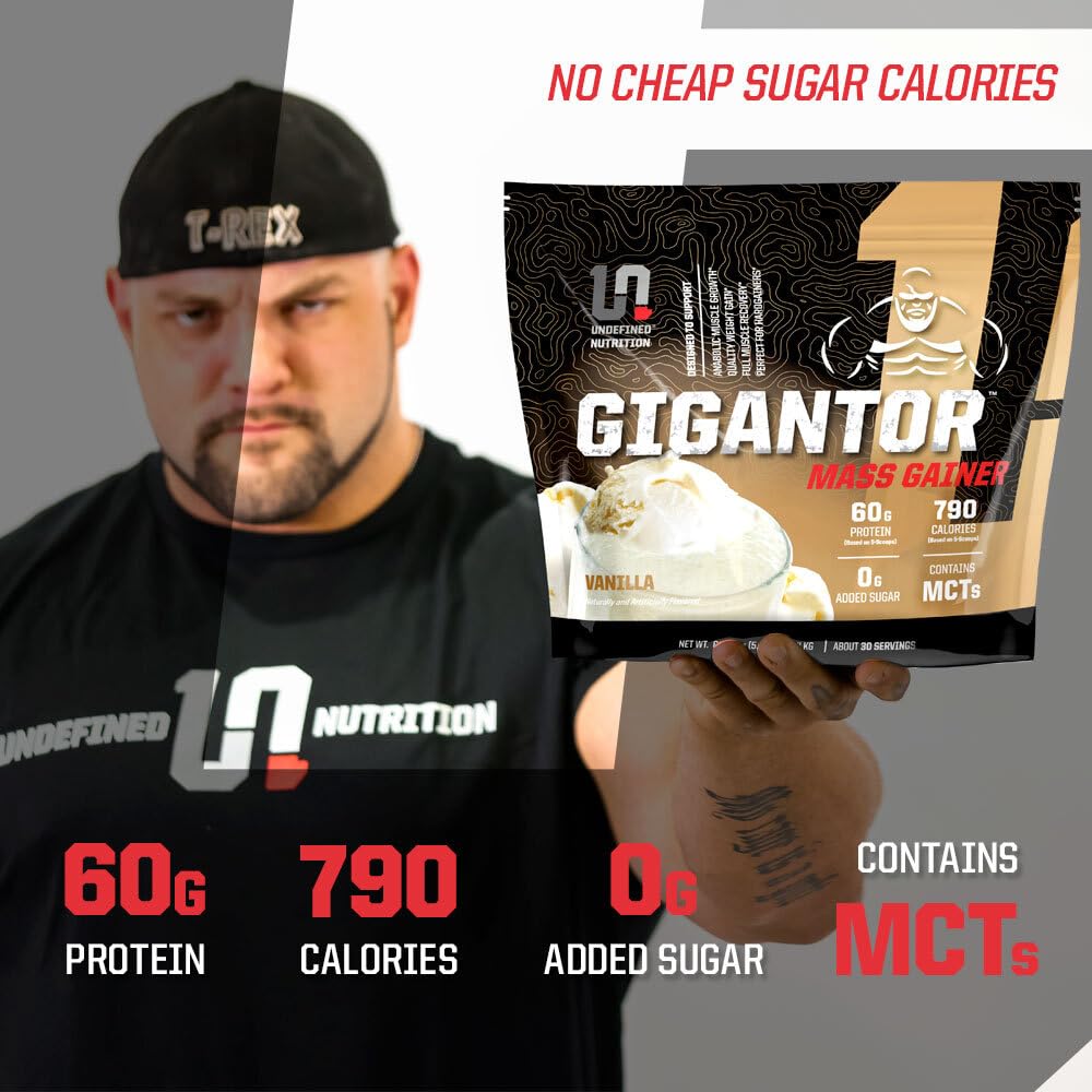 Undefined Nutrition Gigantor Mass Gainer 5-protein blend label communicates quality calories