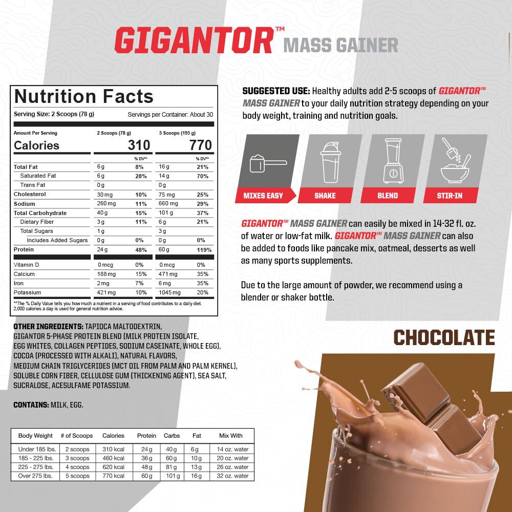 Gigantor mass gainer serving cup ready to mix a calorie-dense shake