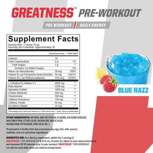 Undefined Nutrition Greatness Pre-Workout blue razz pour shows powder ready for an intense session.
