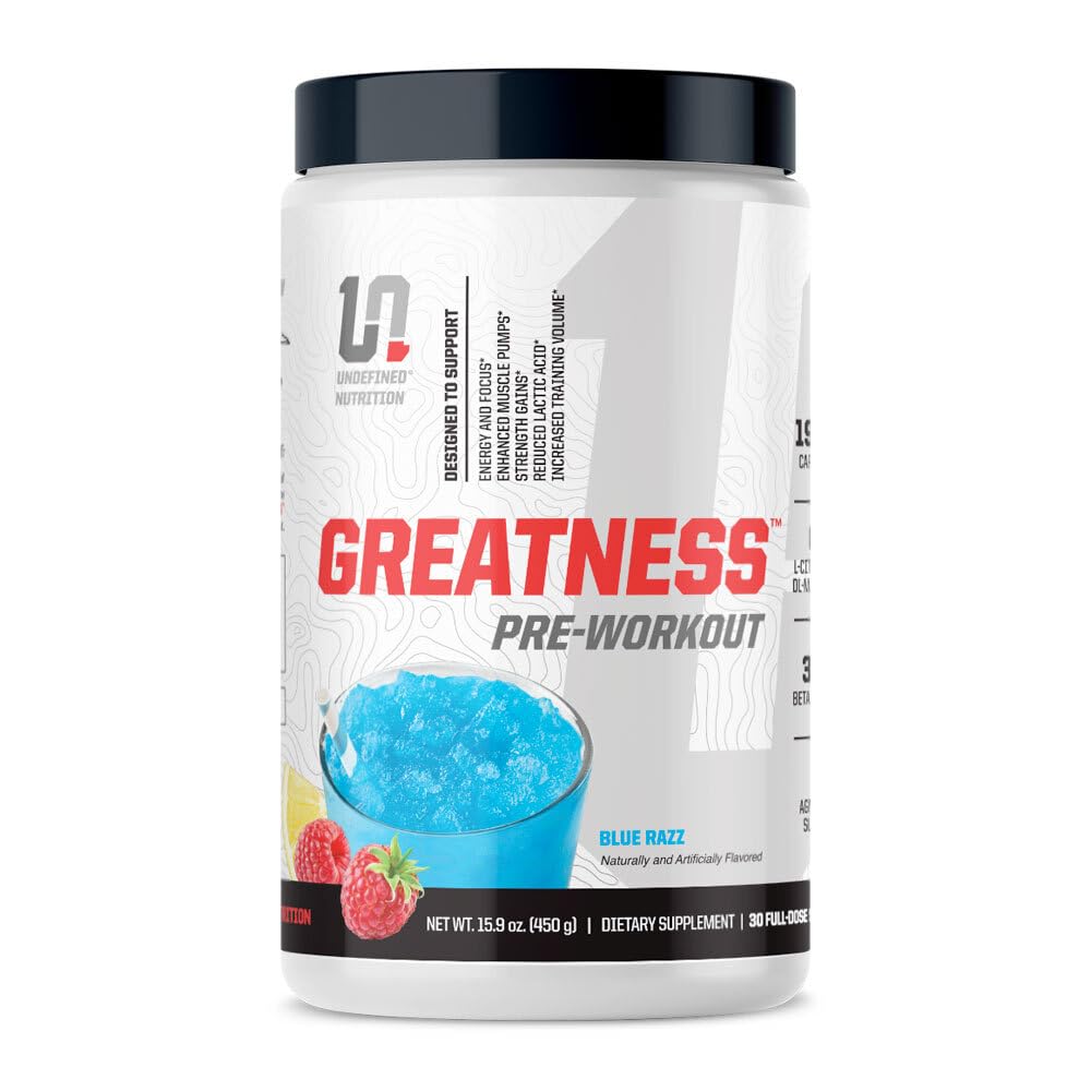 Undefined Nutrition Greatness Pre-Workout blue razz tub boosts energy for focused training.