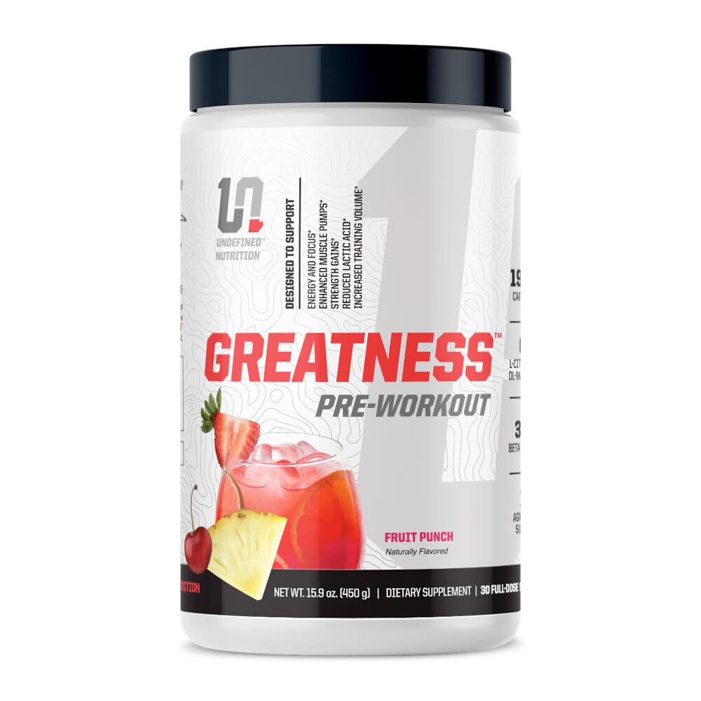 Undefined Nutrition Greatness Pre-Workout bottle in Fruit Punch for powerful sessions