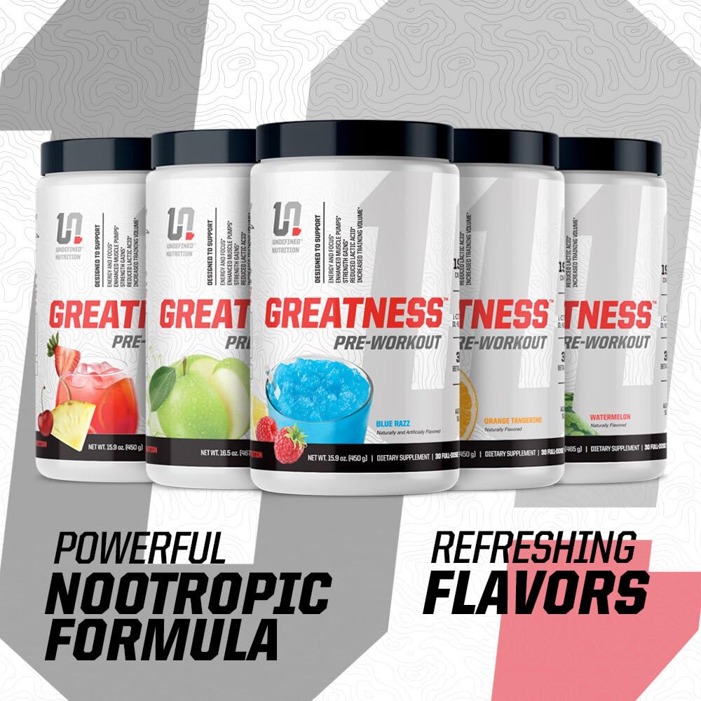 Undefined Nutrition Greatness Pre-Workout label closeup highlights ingredients and flavor