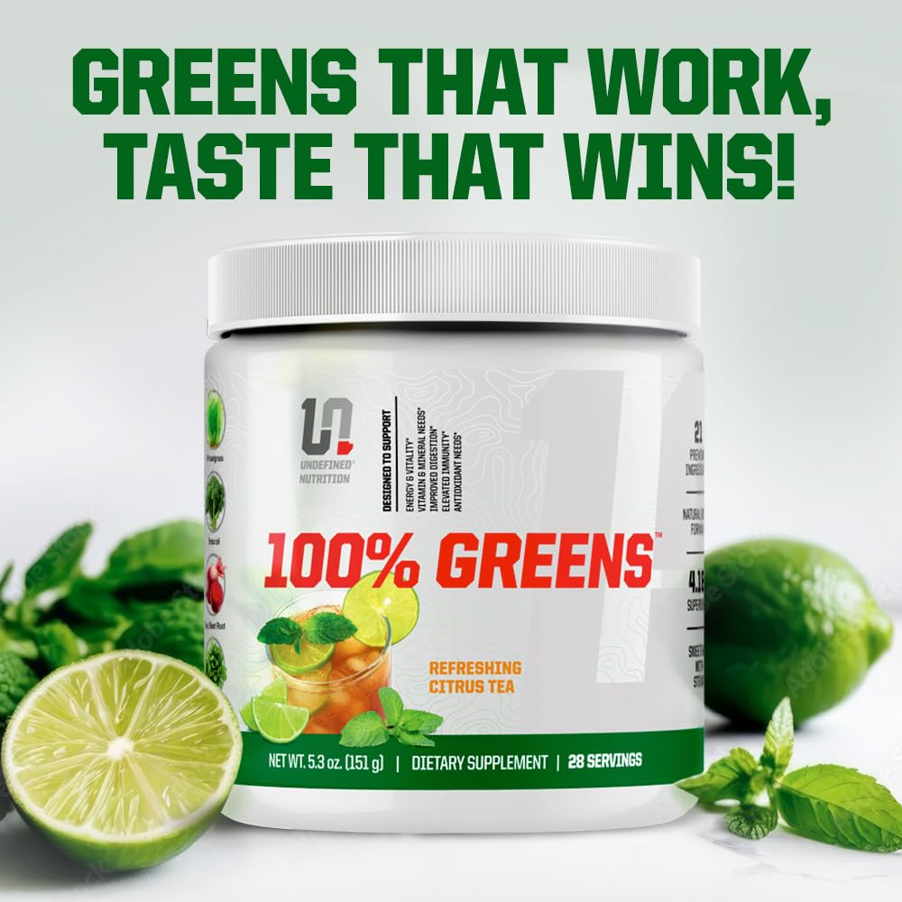 Undefined Nutrition greens in a bowl, showcasing plant-based blend and natural ingredients.