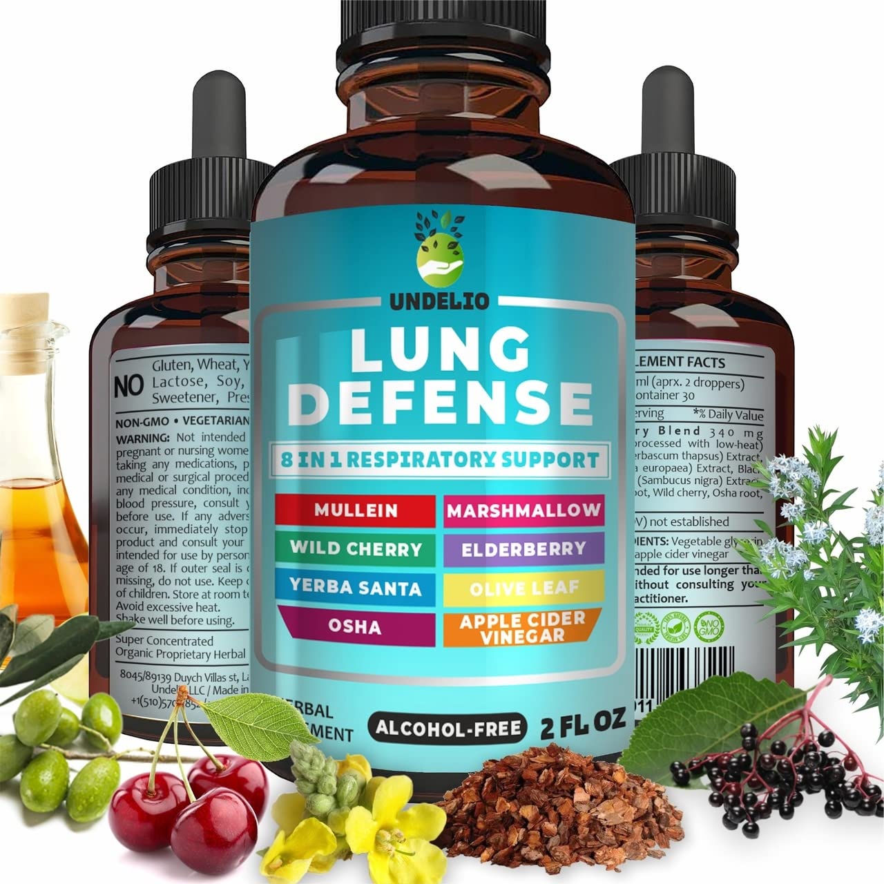 Undelio 8-in-1 blend bottle close-up highlighting the natural immune and respiratory formula.