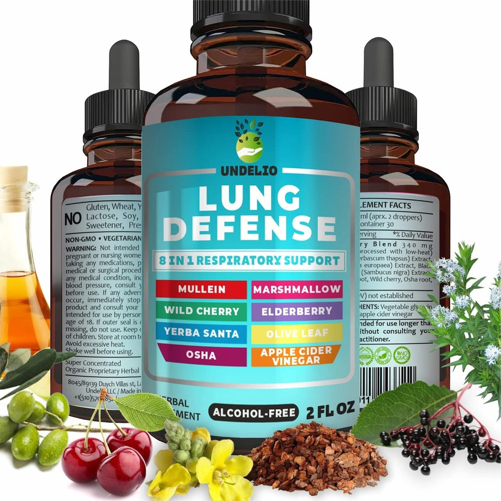 Undelio 8-in-1 blend bottle close-up highlighting the natural immune and respiratory formula.