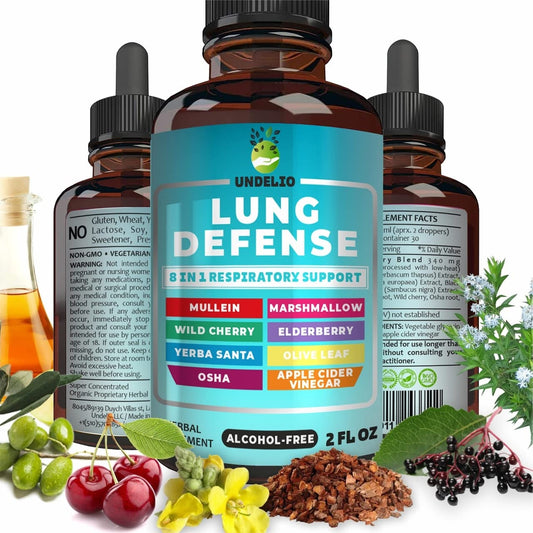 Undelio 8-in-1 blend bottle close-up highlighting the natural immune and respiratory formula.