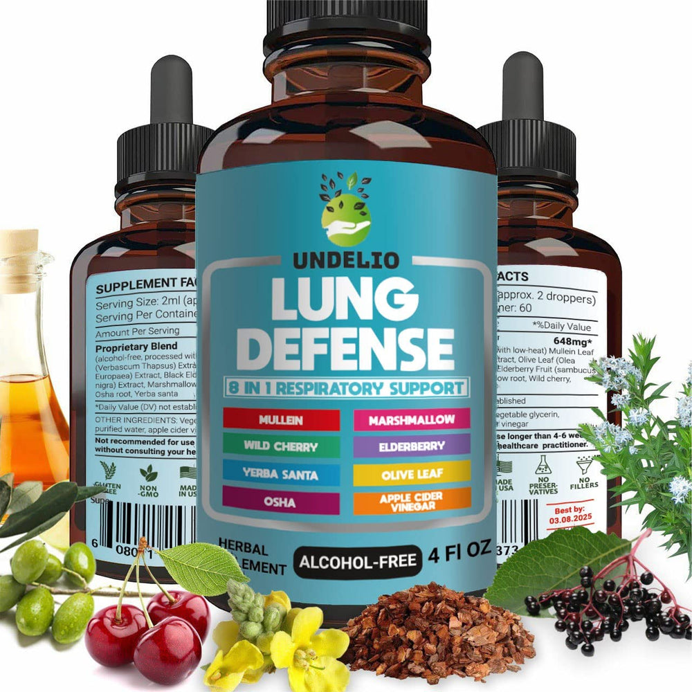 Undelio Lung Defense bottle pour showcases the 8-in-1 blend for respiratory support.