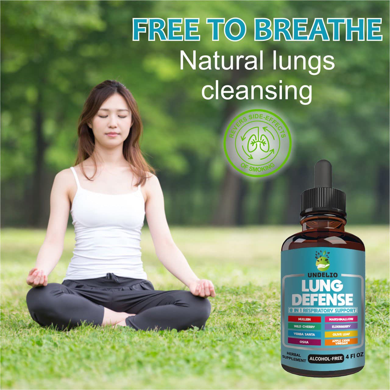 Undelio Lung Defense packaging shot highlights 8-herb formula and USA-made quality.