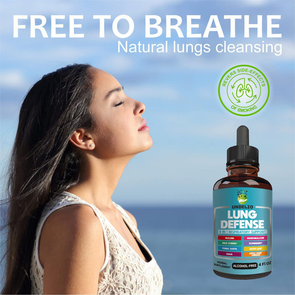 Undelio Lung Defense pour-ready bottle suggests easy daily use for respiratory wellness.