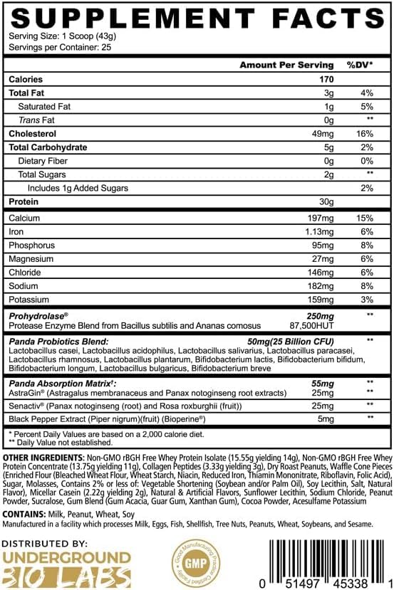 Underground Bio Labs Panda Fuel hydrolyzed collagen bottle highlighting skin and joint support