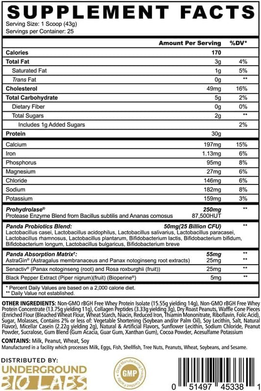 Underground Bio Labs Panda Fuel hydrolyzed collagen bottle highlighting skin and joint support