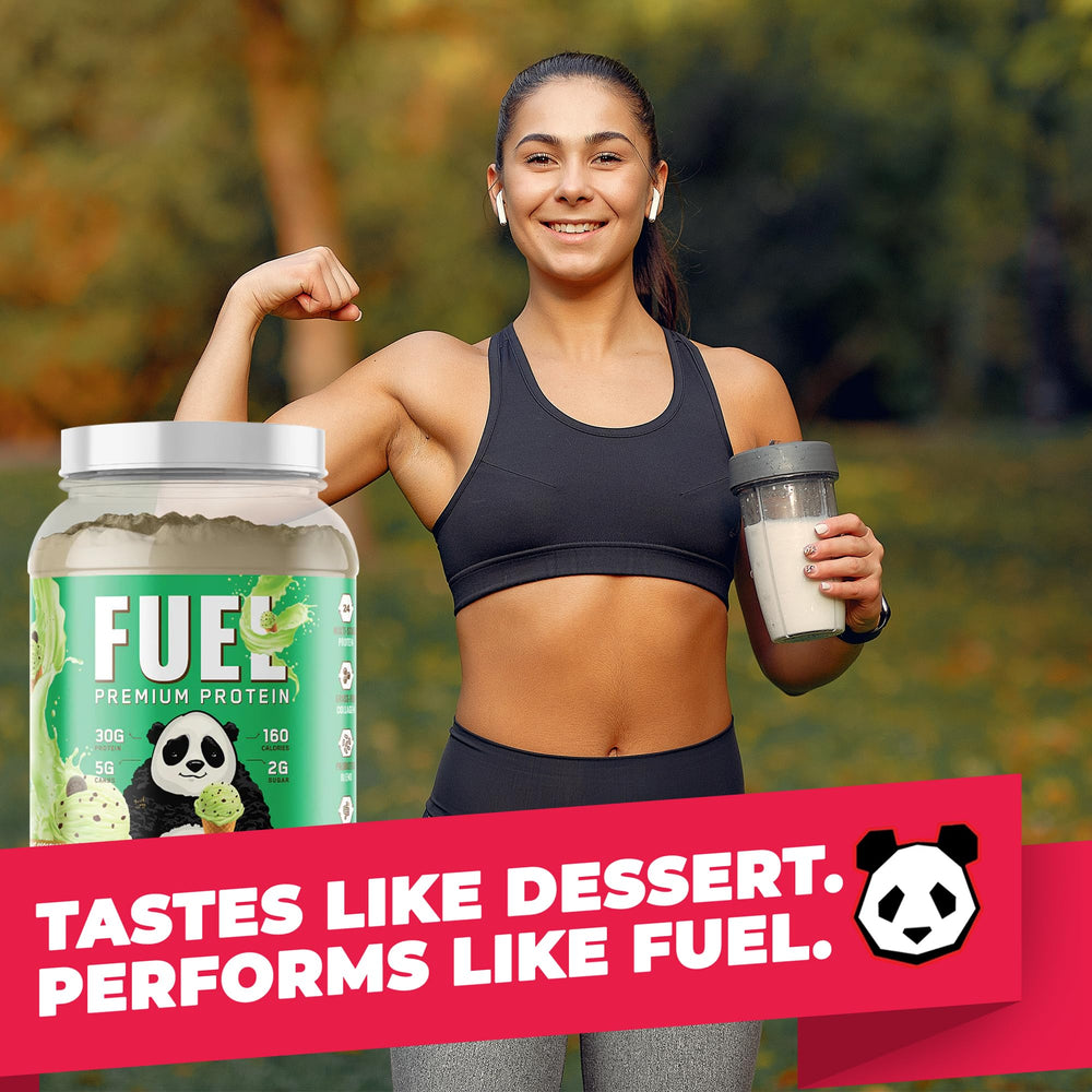 A serving of Panda Fuel in mint chocolate for a satisfying post-workout snack.
